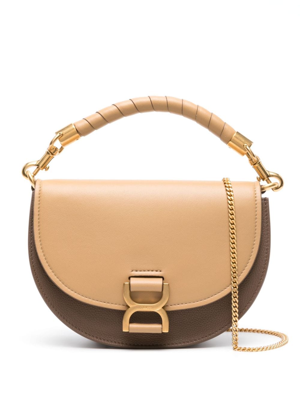 BOLSO MARCIE MINI CAMEL INSIGNIA DORADA