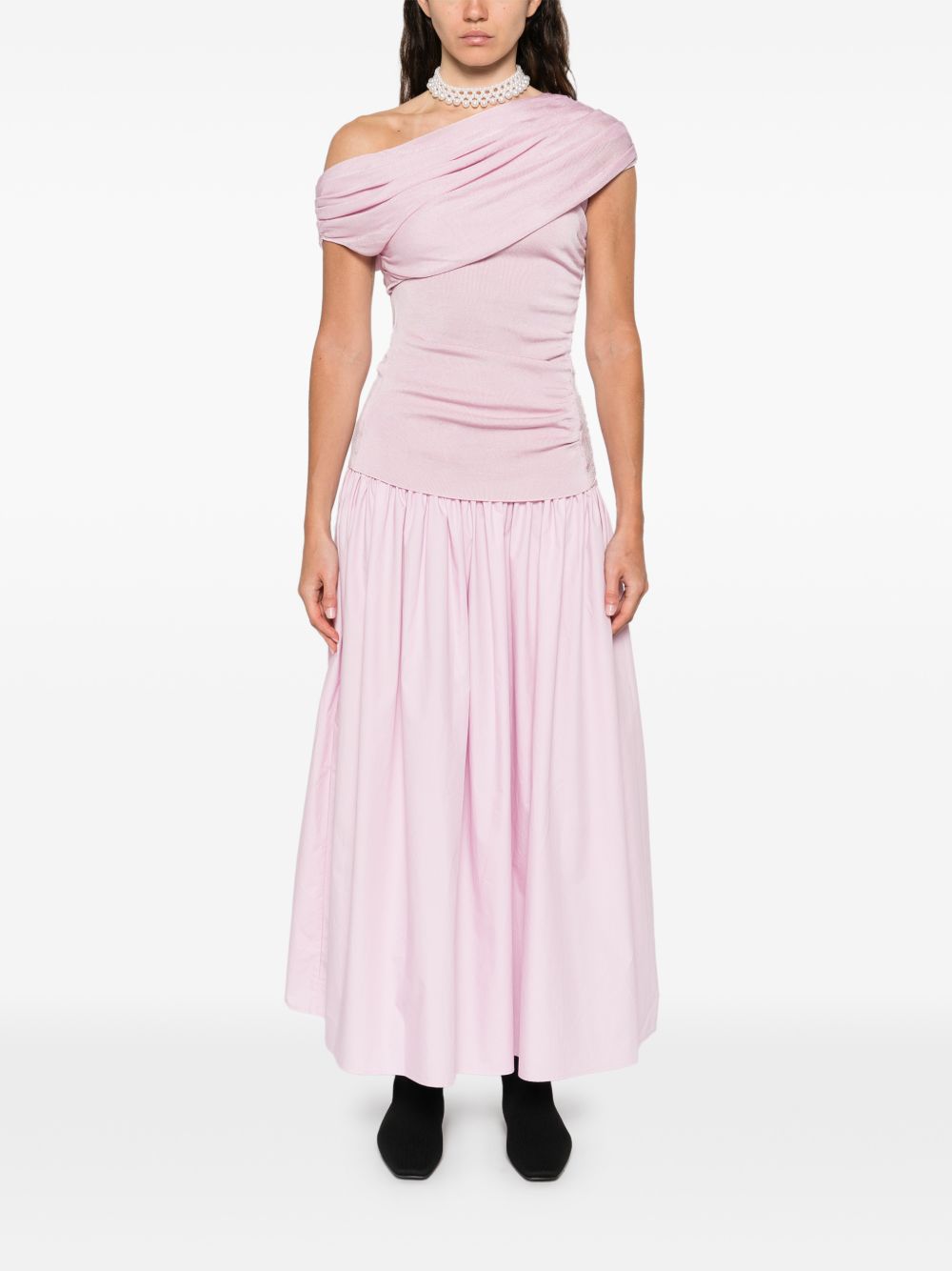 VESTIDO MIDI ROSA COMBI DET FALDA PLISAD